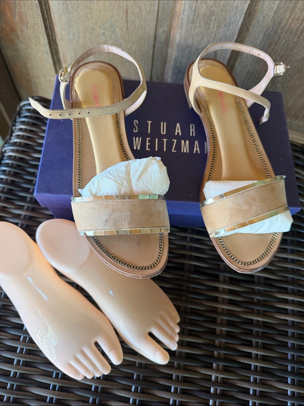 Stuart Weitzman Tan Suede Ankle-Strap Sandals with Gold Trim